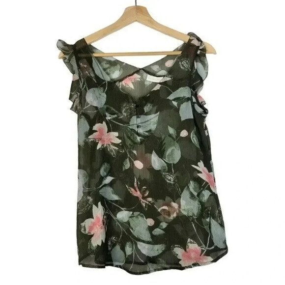 New York & Company Tops - New York & Company Hunter Green Floral Chiffon Tank Top XS